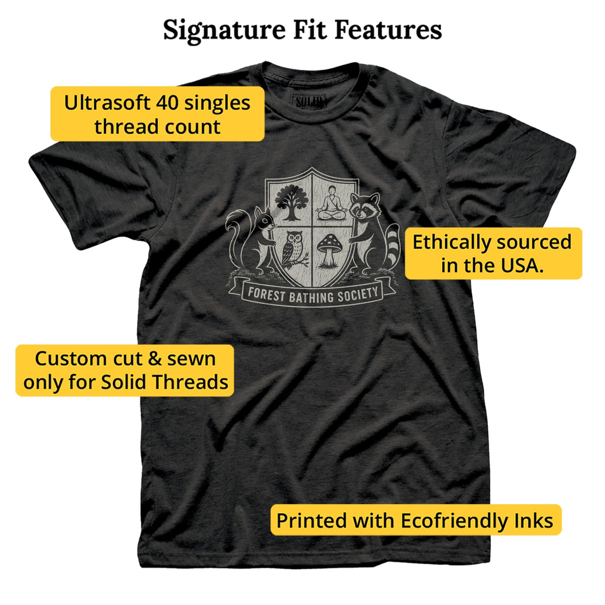 Forest Bathing Society Funny Signature T-shirt in Dark Charcoal - Fit Attributes
