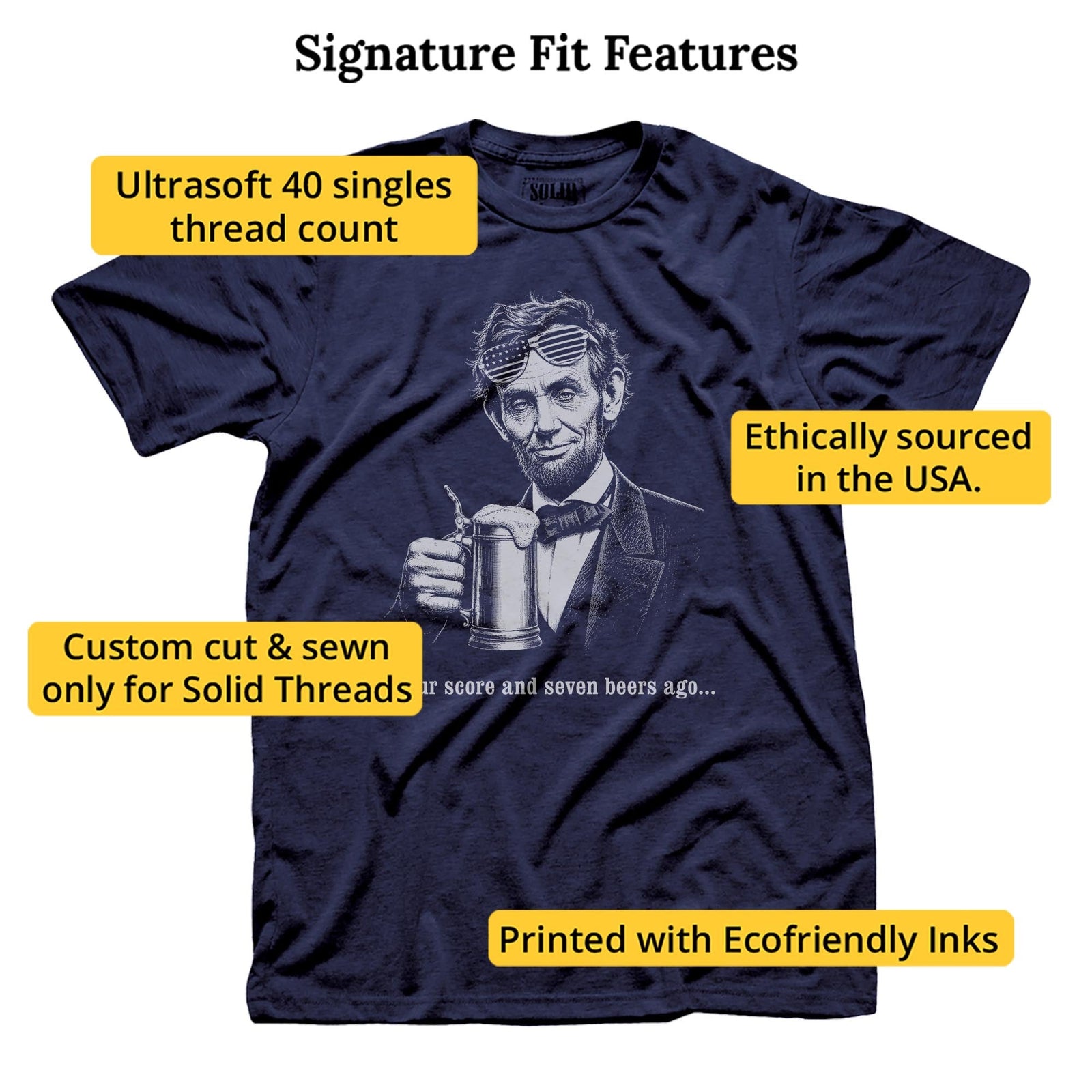 Four Score And Seven Beers Ago Funny Signature T-shirt in Navy - Fit Attributes