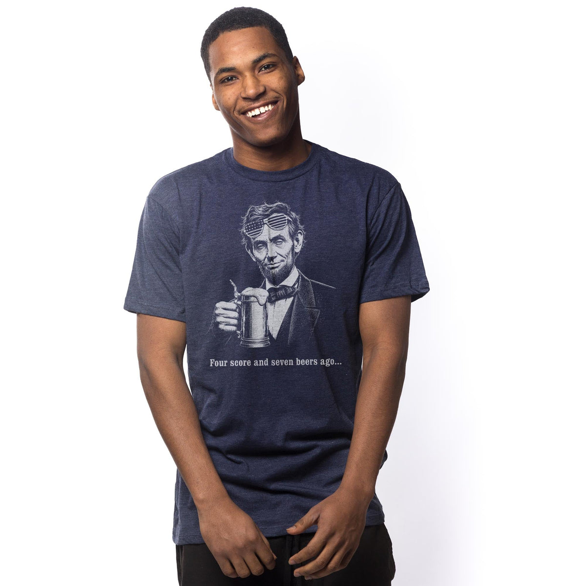 Four Score And Seven Beers Ago Funny Signature T-shirt in Navy On Model - Front View