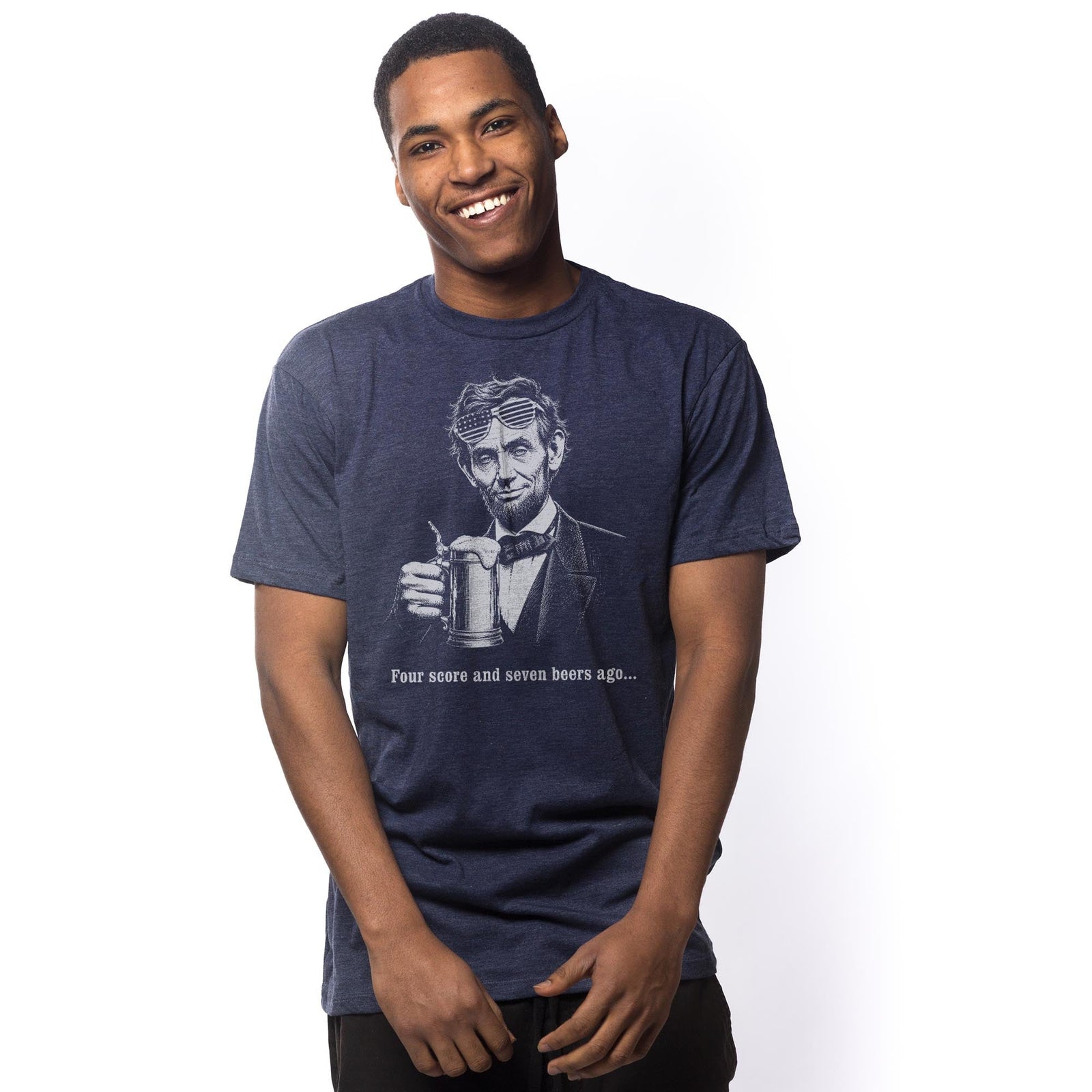 Four Score And Seven Beers Ago Funny Signature T-shirt in Navy On Model - Front View