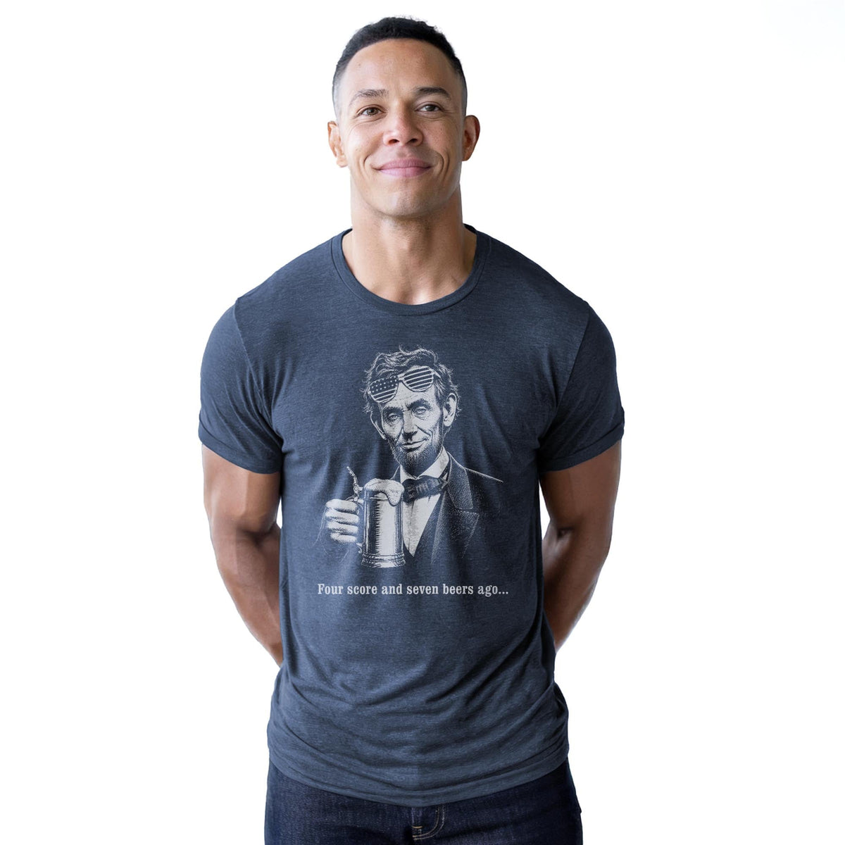Four Score And Seven Beers Ago Funny Staple T-shirt in Navy Heather On Model - Front View