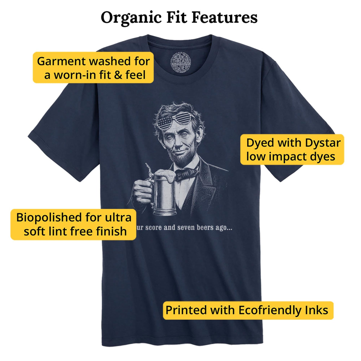 Four Score And Seven Beers Ago Funny Organic T-shirt in Navy - Fit Attributes
