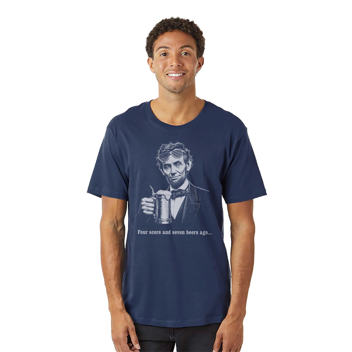 Four Score And Seven Beers Ago Funny Organic T-shirt in Navy On Model - Front View