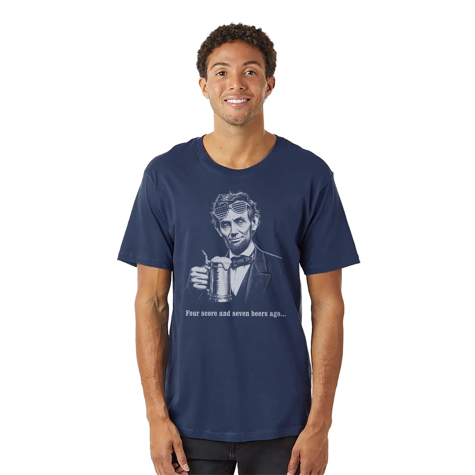 Four Score And Seven Beers Ago Funny Organic T-shirt in Navy On Model - Front View