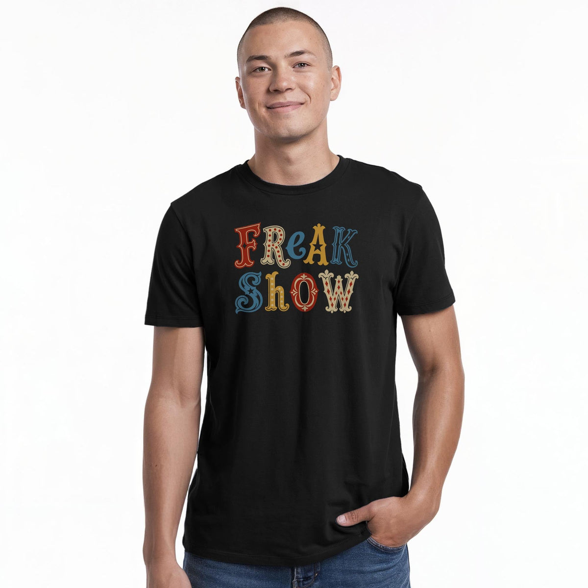 Freak Show Vintage Staple T-shirt in Black On Model - Front View
