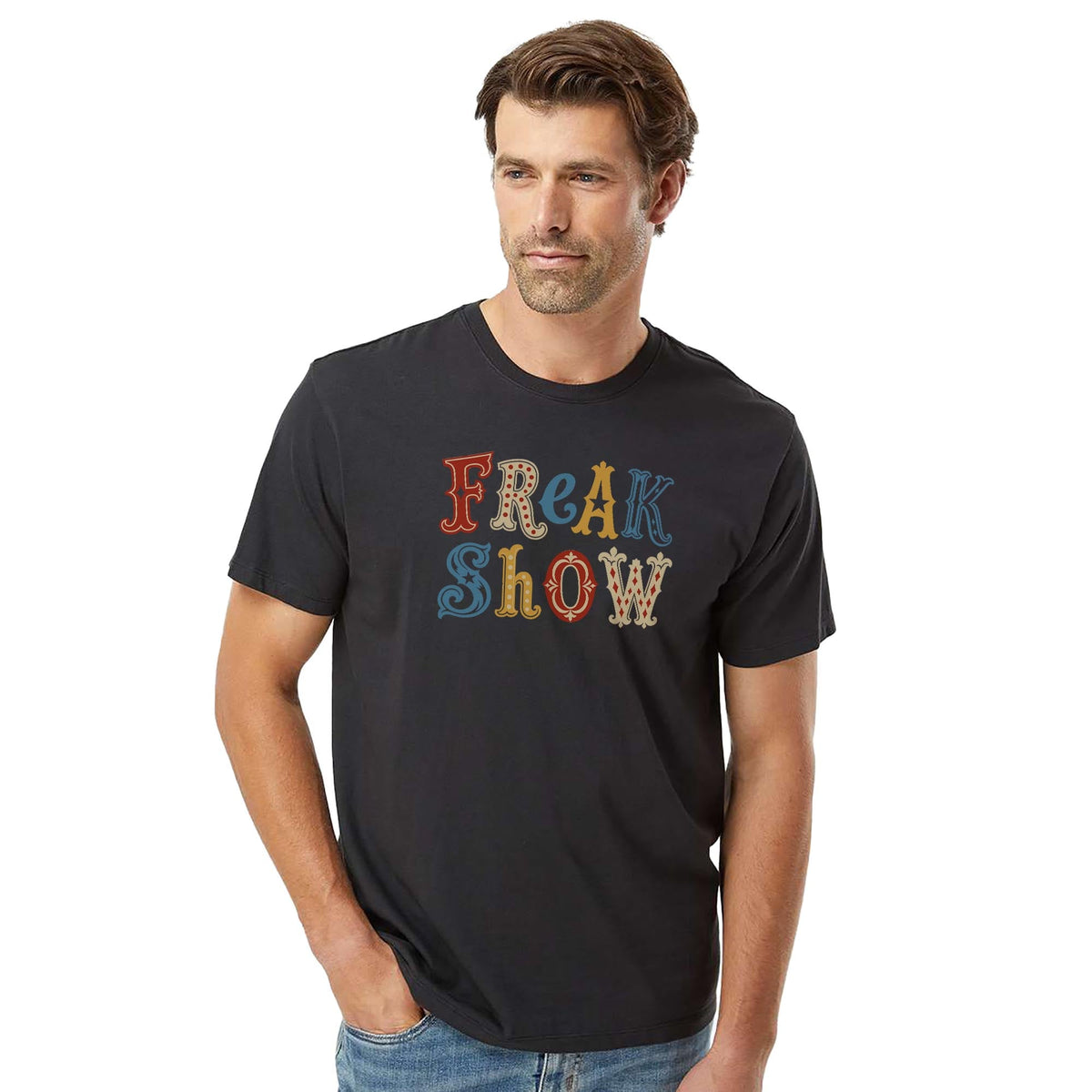 Freak Show Vintage Organic T-shirt in Black On Model - Front View