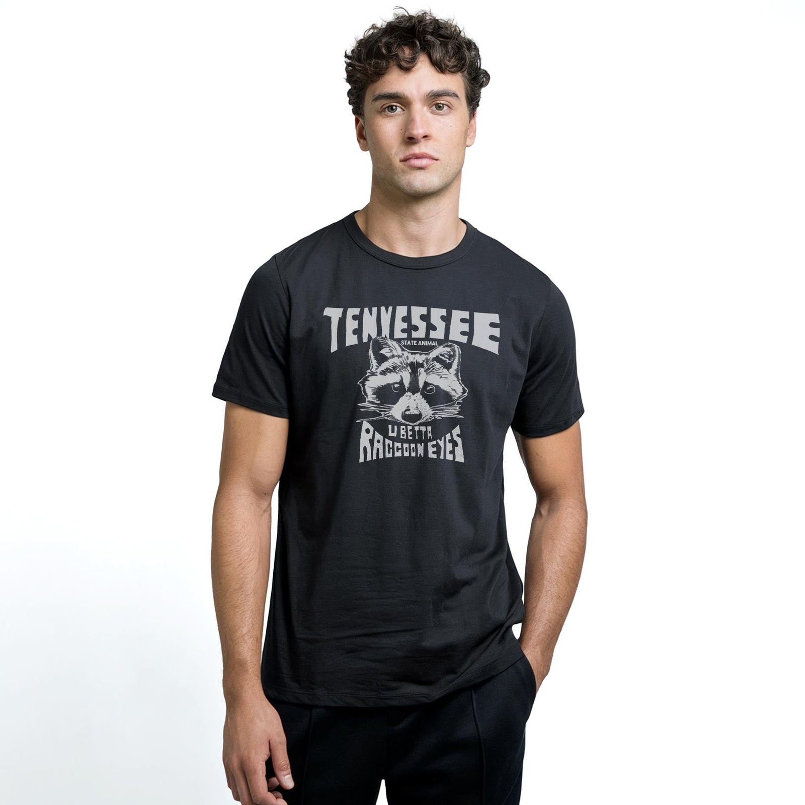 Raccoon Eyes Vintage Staple T-shirt in Black On Model - Front View