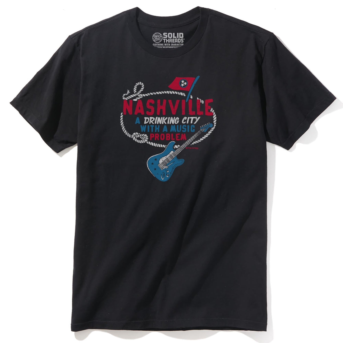 Drinking City Music Problem Funny Staple T-shirt in Black - Front View