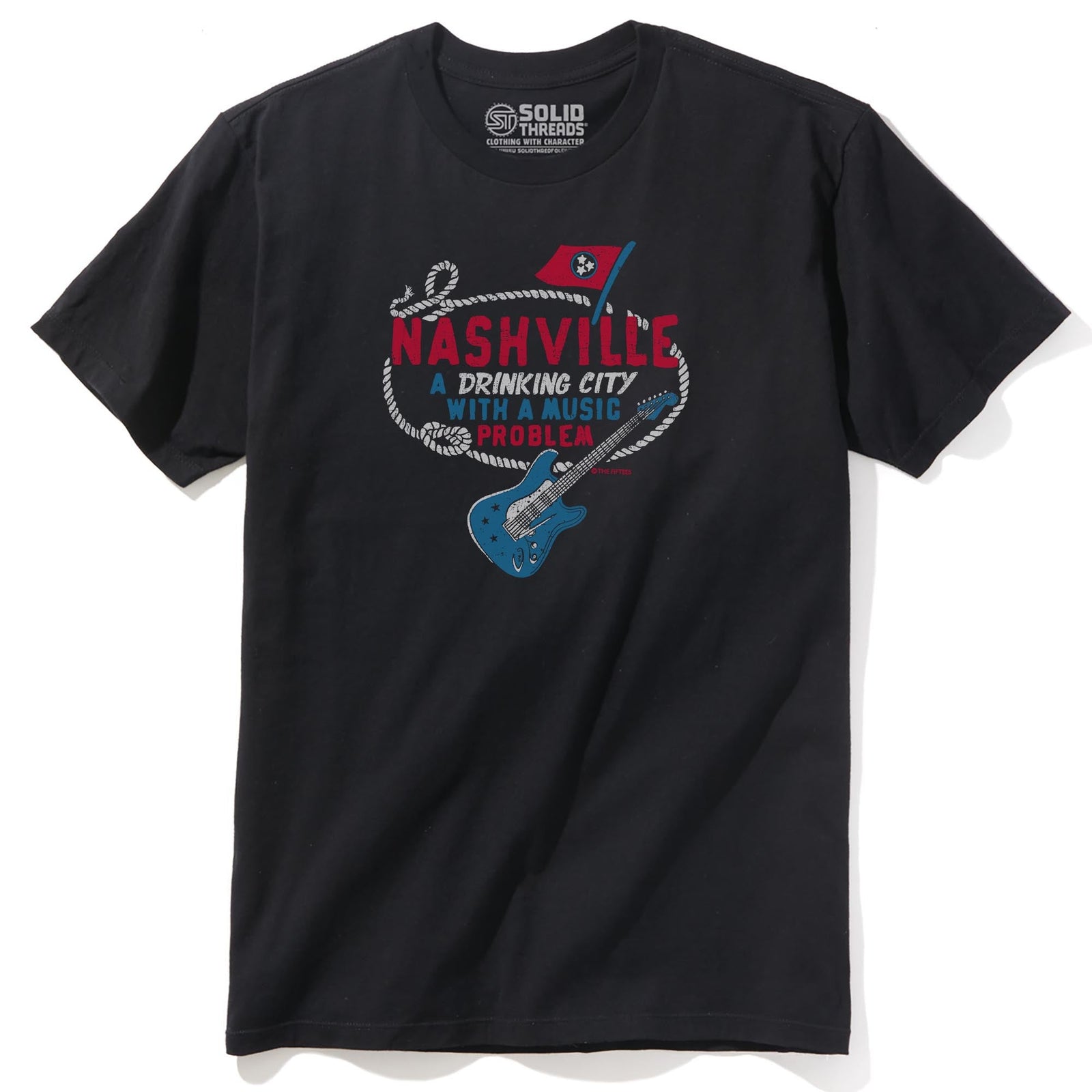 Drinking City Music Problem Funny Staple T-shirt in Black - Front View