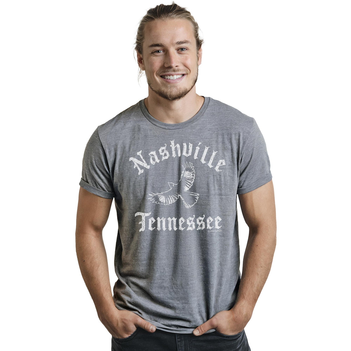 Nash Mockingbird Vintage Staple T-shirt in Ash Heather On Model - Front View