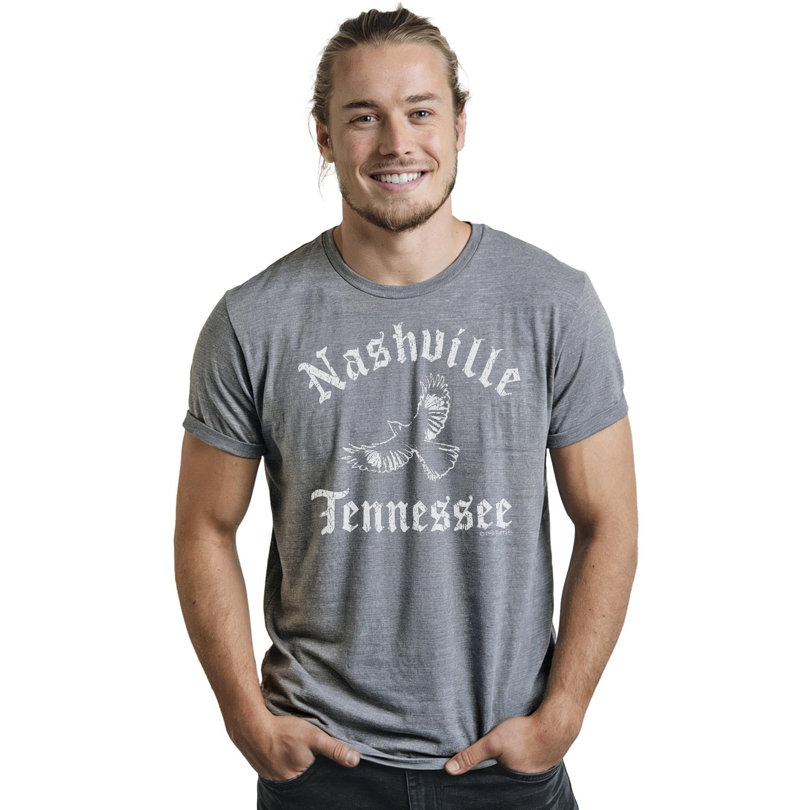 Nash Mockingbird Vintage Staple T-shirt in Ash Heather On Model - Front View