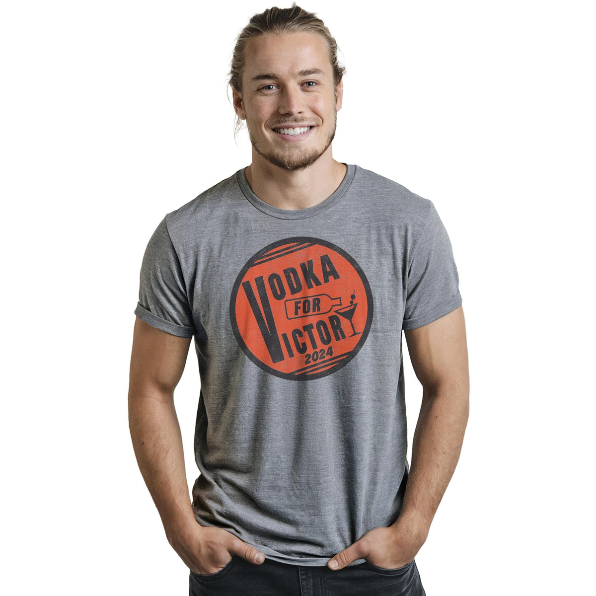 Vodka For Victory Funny Staple T-shirt in Ash Heather On Model - Front View