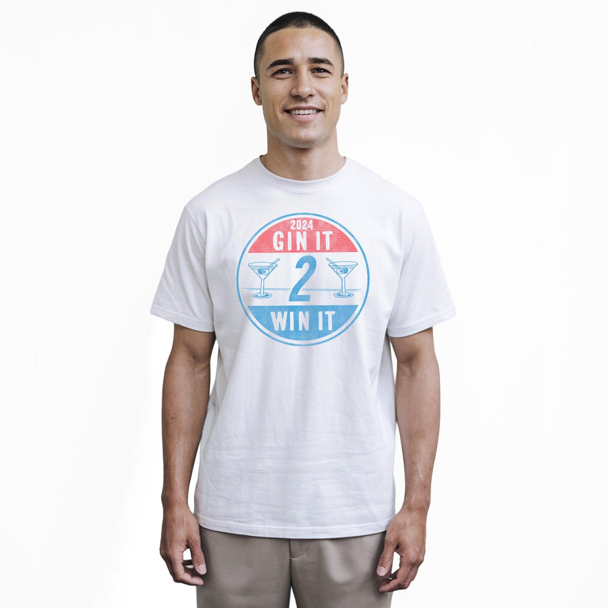 Gin It To Win It Funny Staple T-shirt in White On Model - Front View