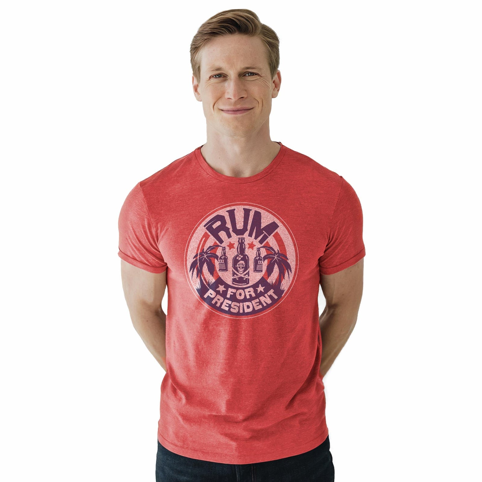 Run For President Funny Staple T-shirt in Red Heather On Model - Front View