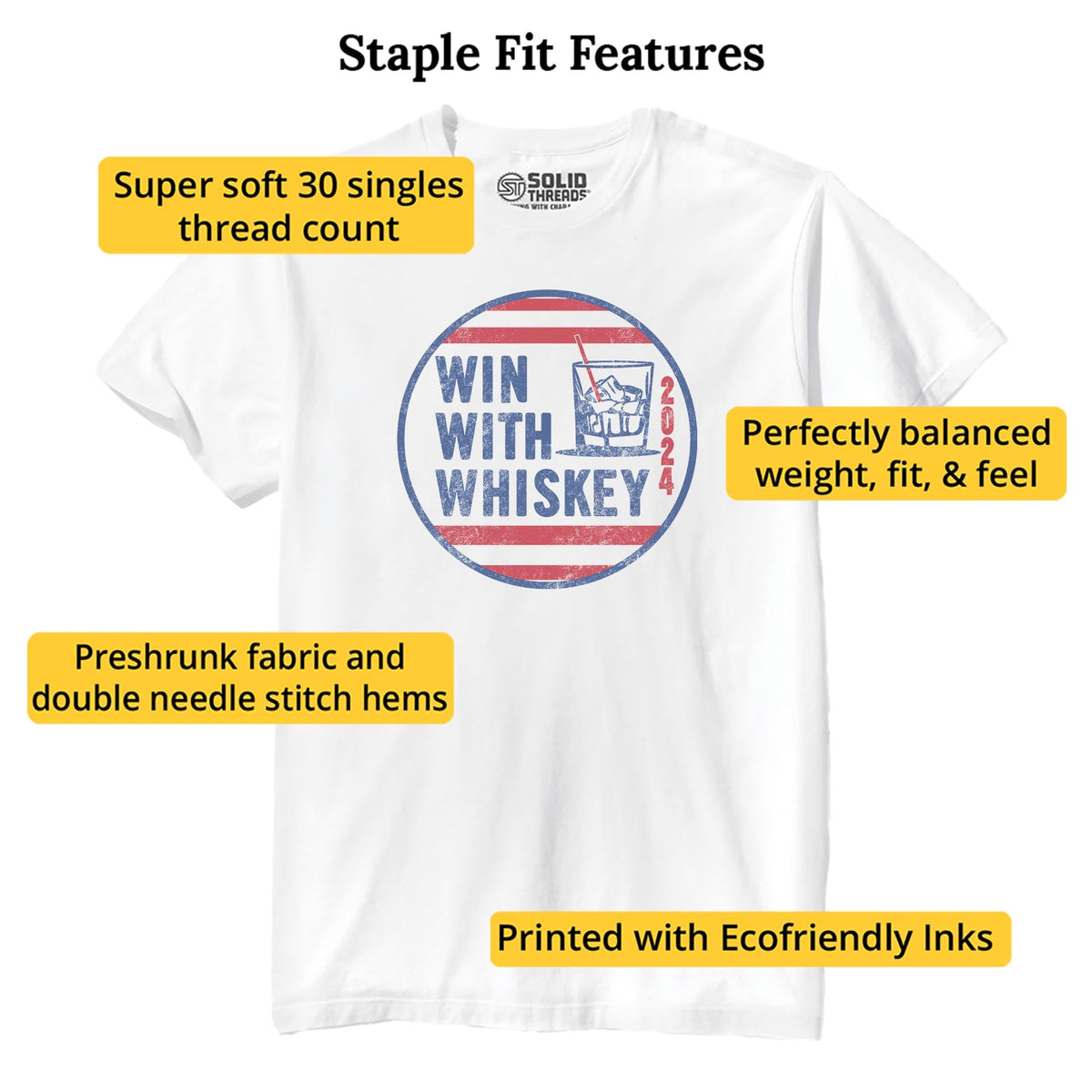 Win With Whiskey Funny Staple T-shirt in White - Fit Attributes
