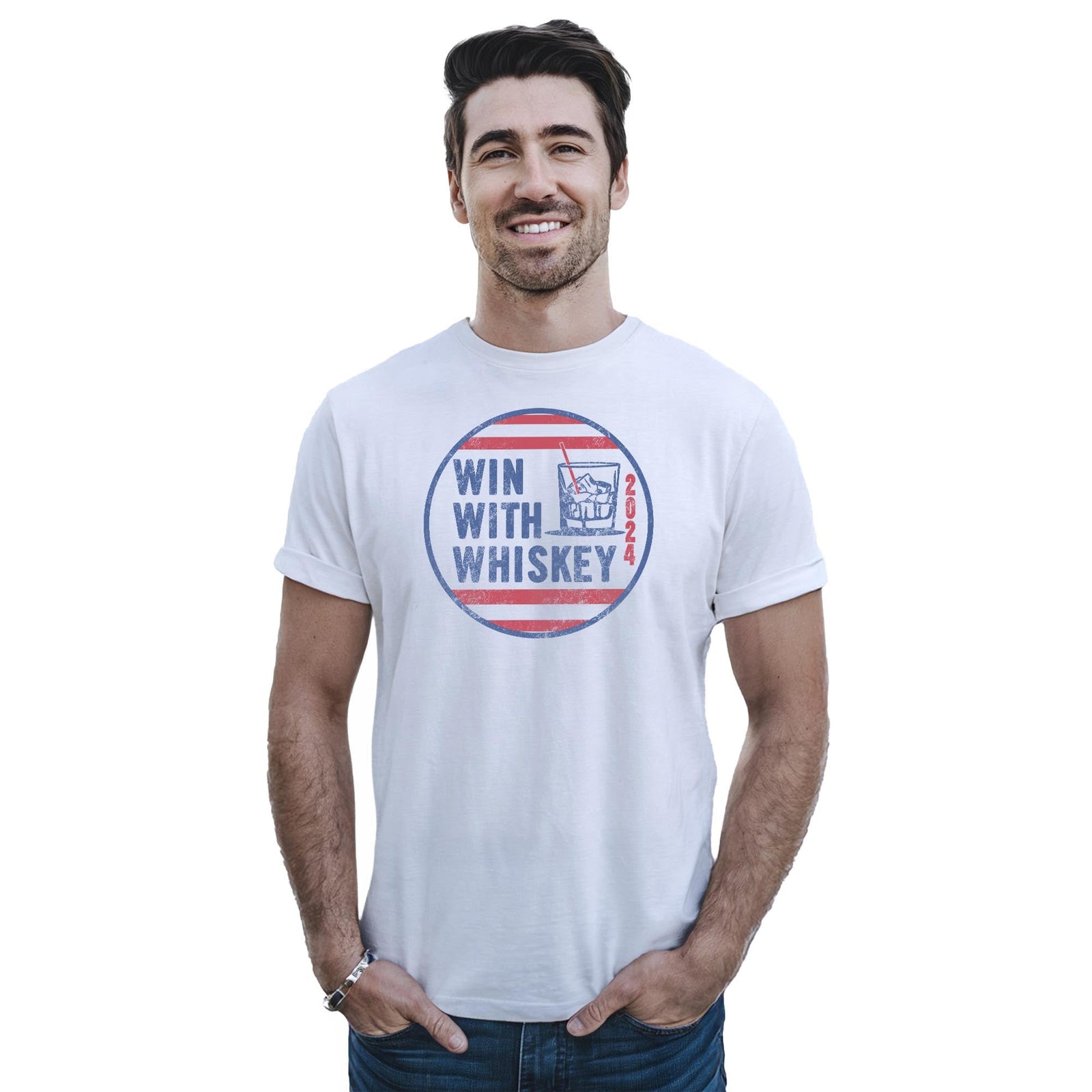 Win With Whiskey Funny Staple T-shirt in White On Model - Front View