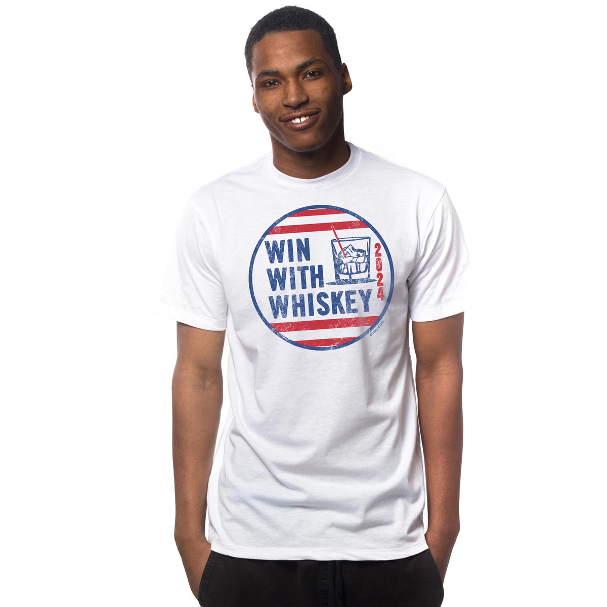 Men's Win With Whiskey Funny Graphic T Shirt | Vintage Election Drinking Whiskey Tee on Model | Solid Threads