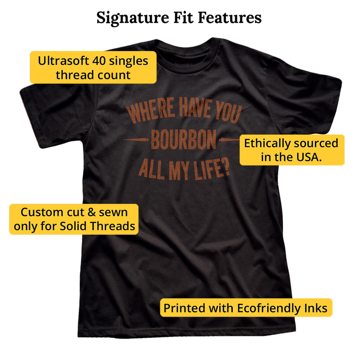 Where Have You Bourbon All My Life Funny Signature T-shirt in Black - Fit Attributes