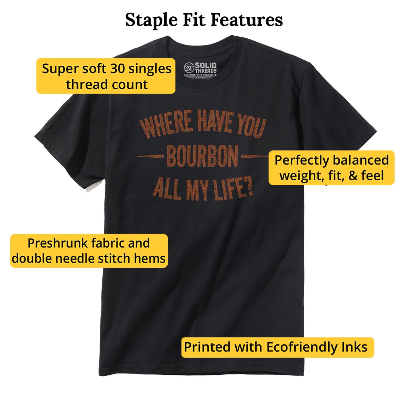 Where Have You Bourbon All My Life Funny Staple T-shirt in Black - Fit Attributes