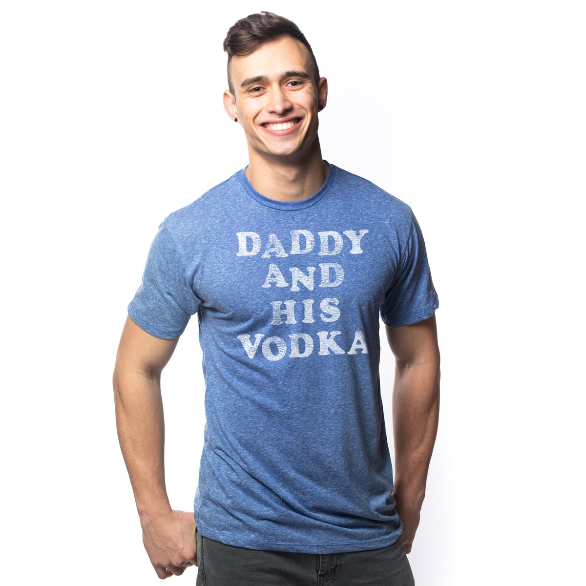Men's Daddy And His Vodka Funny Graphic T Shirt | Vintage Drinking Vodka Dads Tee on Model | Solid Threads