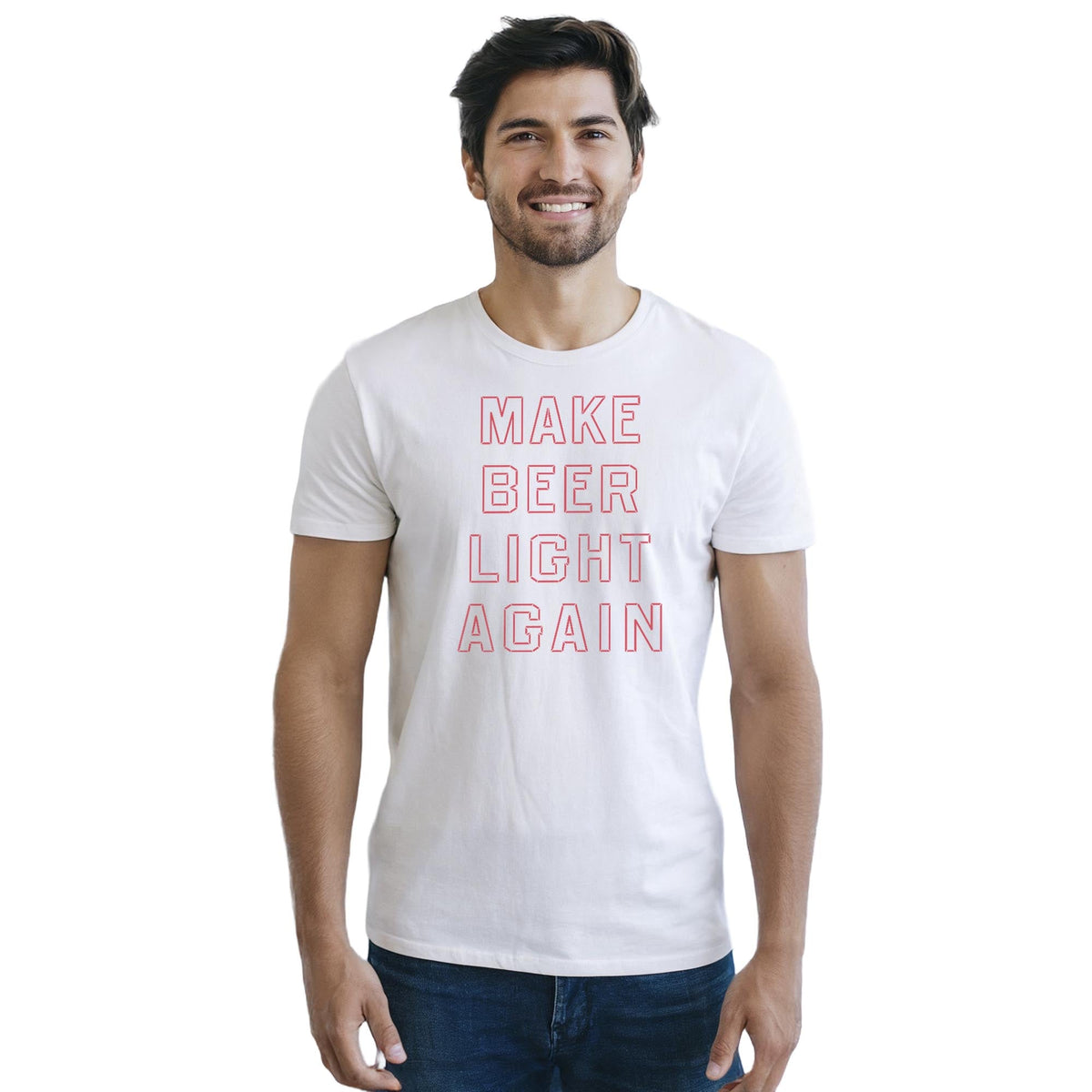Make Beer Light Again Funny Staple T-shirt in White On Model - Front View
