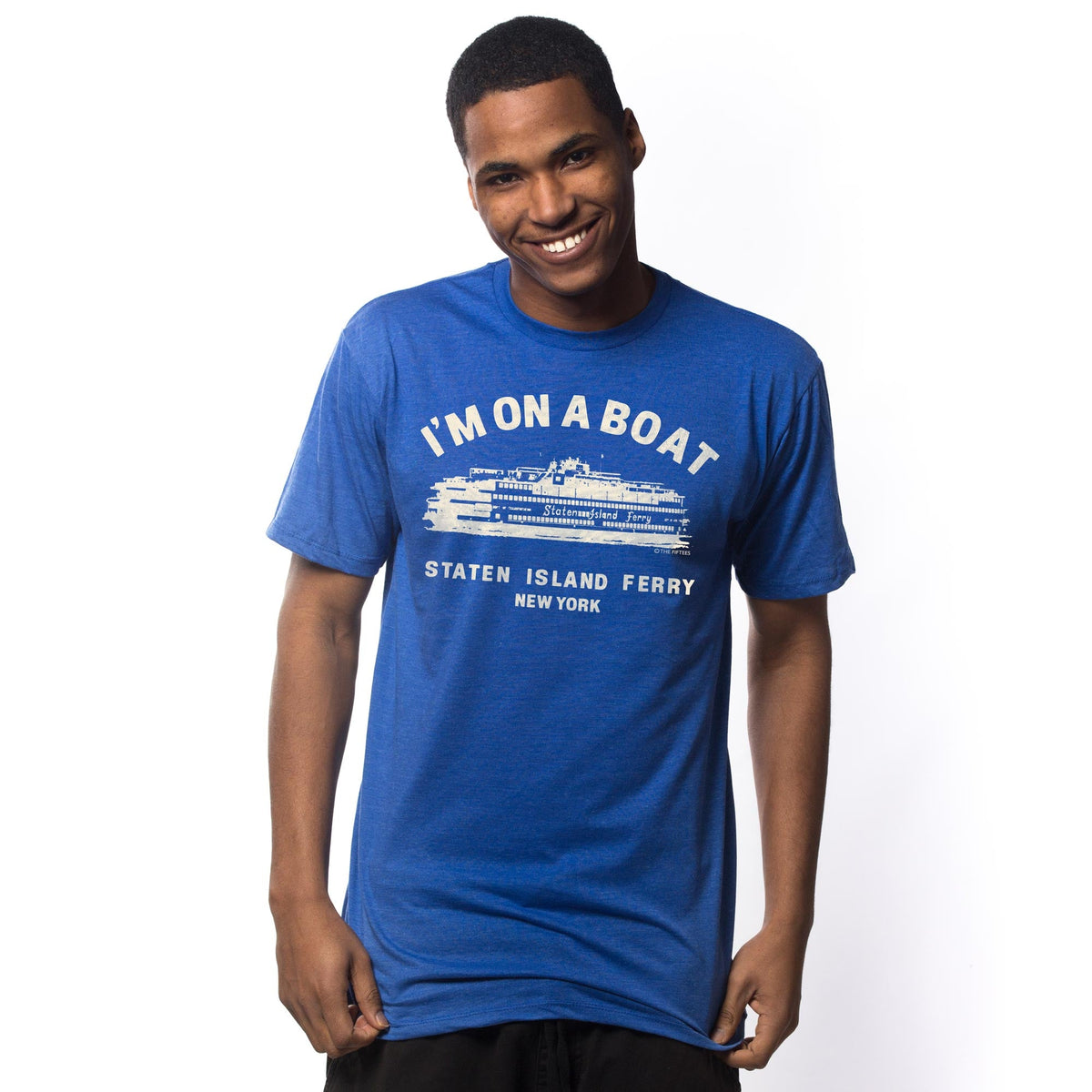 Men's Im On A Boat Funny Graphic  T-shirt | Vintage New York Staten Island  Tee on Model | Solid Threads