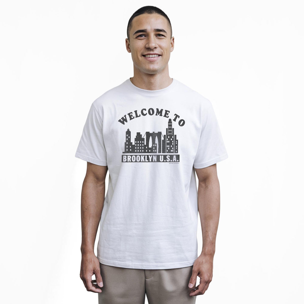 Welcome To Brooklyn Cool Staple T-shirt in White On Model - Front View