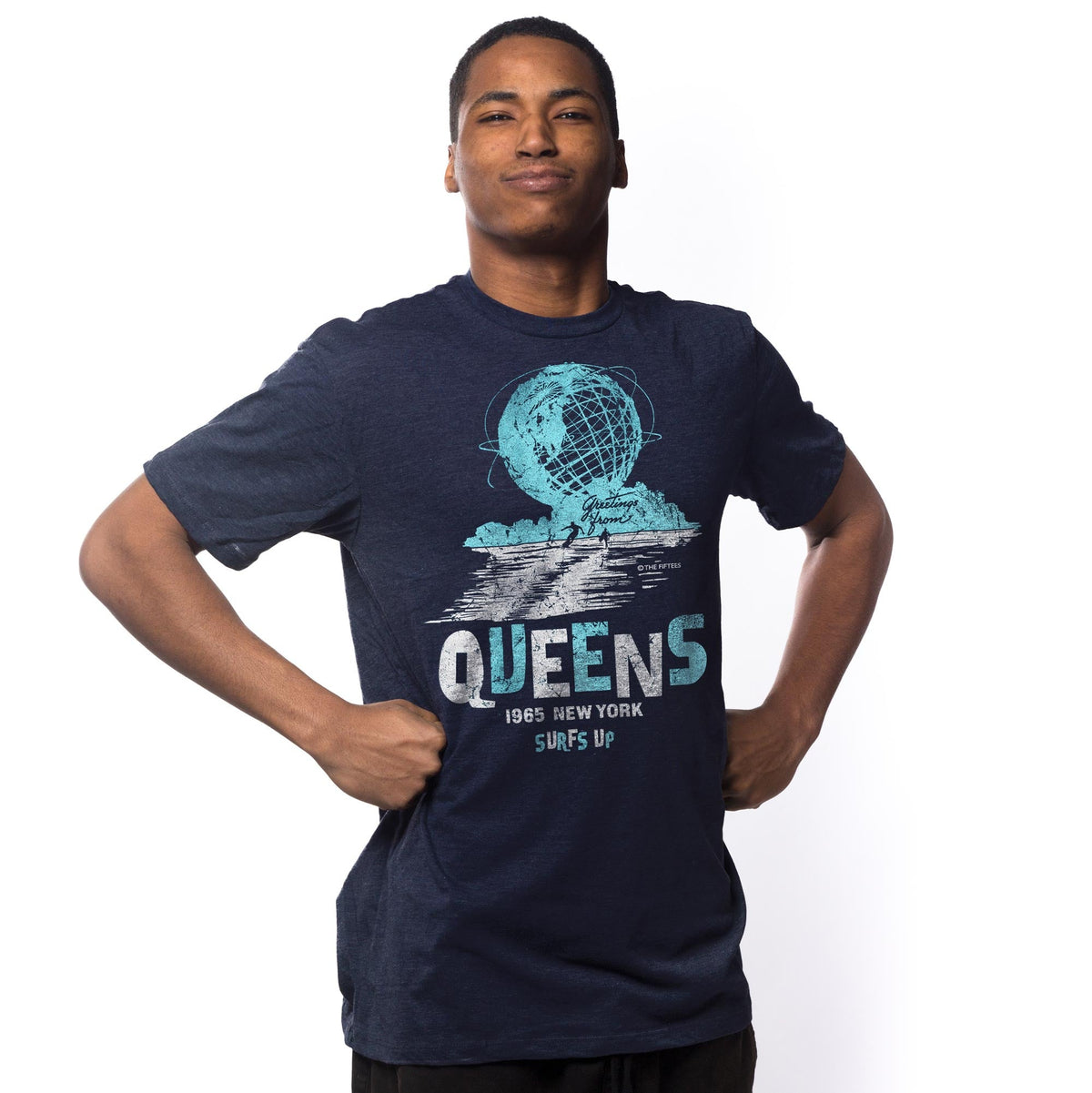 Men's Queens Surfs Up Cool Graphic T-Shirt | Vintage New York Surfing Tee on Model | Solid Threads