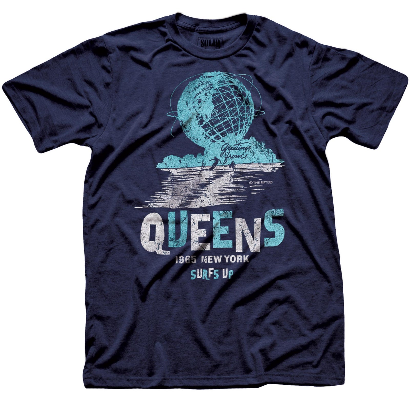 Men's Queens Surfs Up Cool Graphic T-Shirt | Vintage New York Surfing Tee | Solid Threads