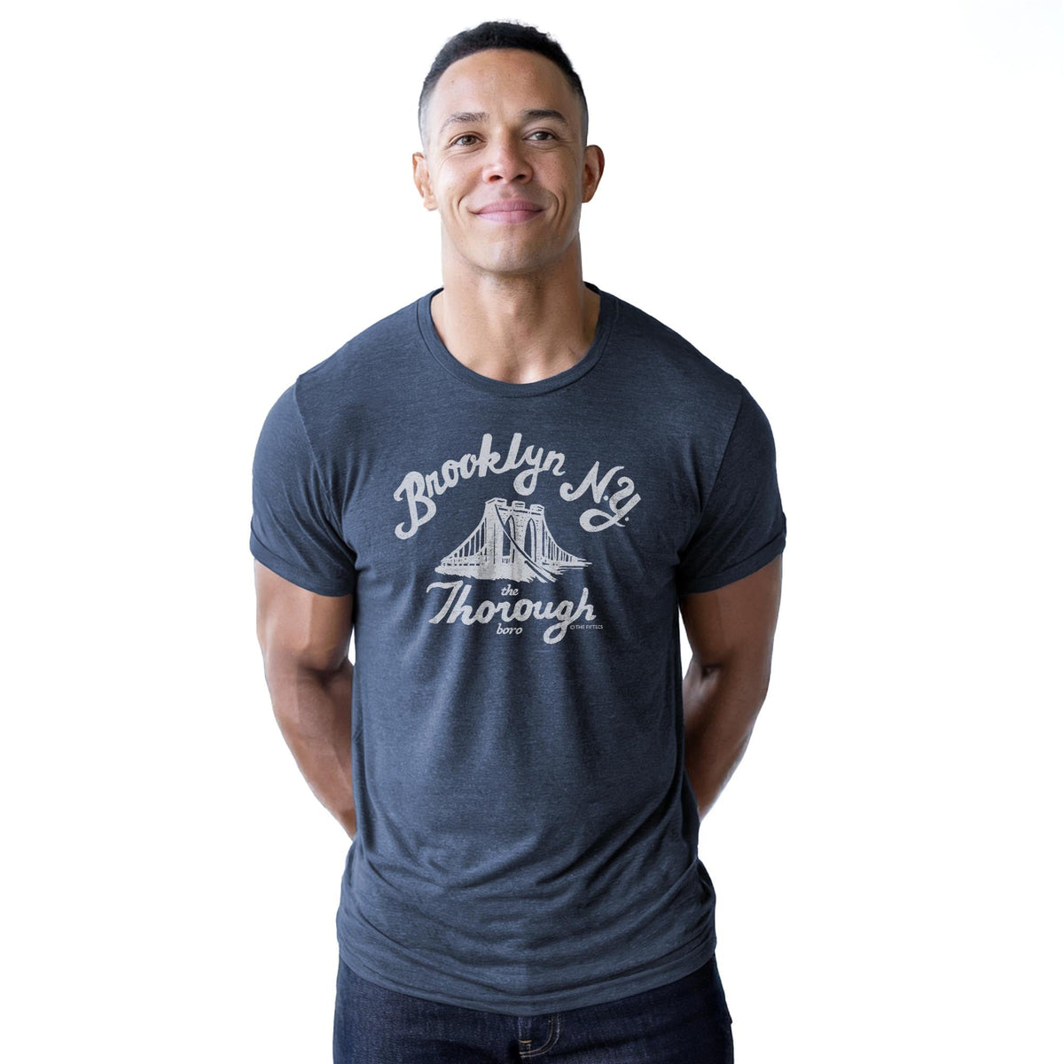 The Thorough Boro Funny Staple T-shirt in Navy Heather On Model - Front View