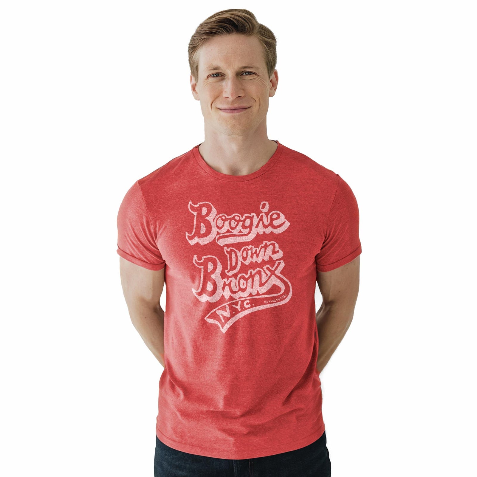Boogie Down Cool Staple T-shirt in Red Heather On Model - Front View
