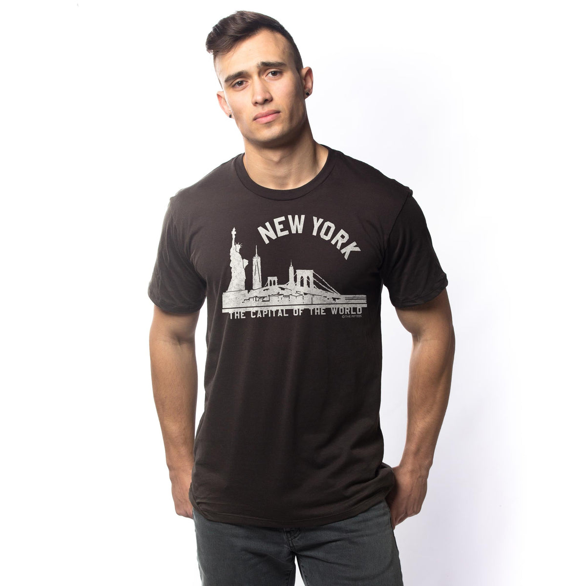 Men's New York The Capital Of The World Cool Graphic  T-shirt | Vintage New York City  Tee on Model | Solid Threads