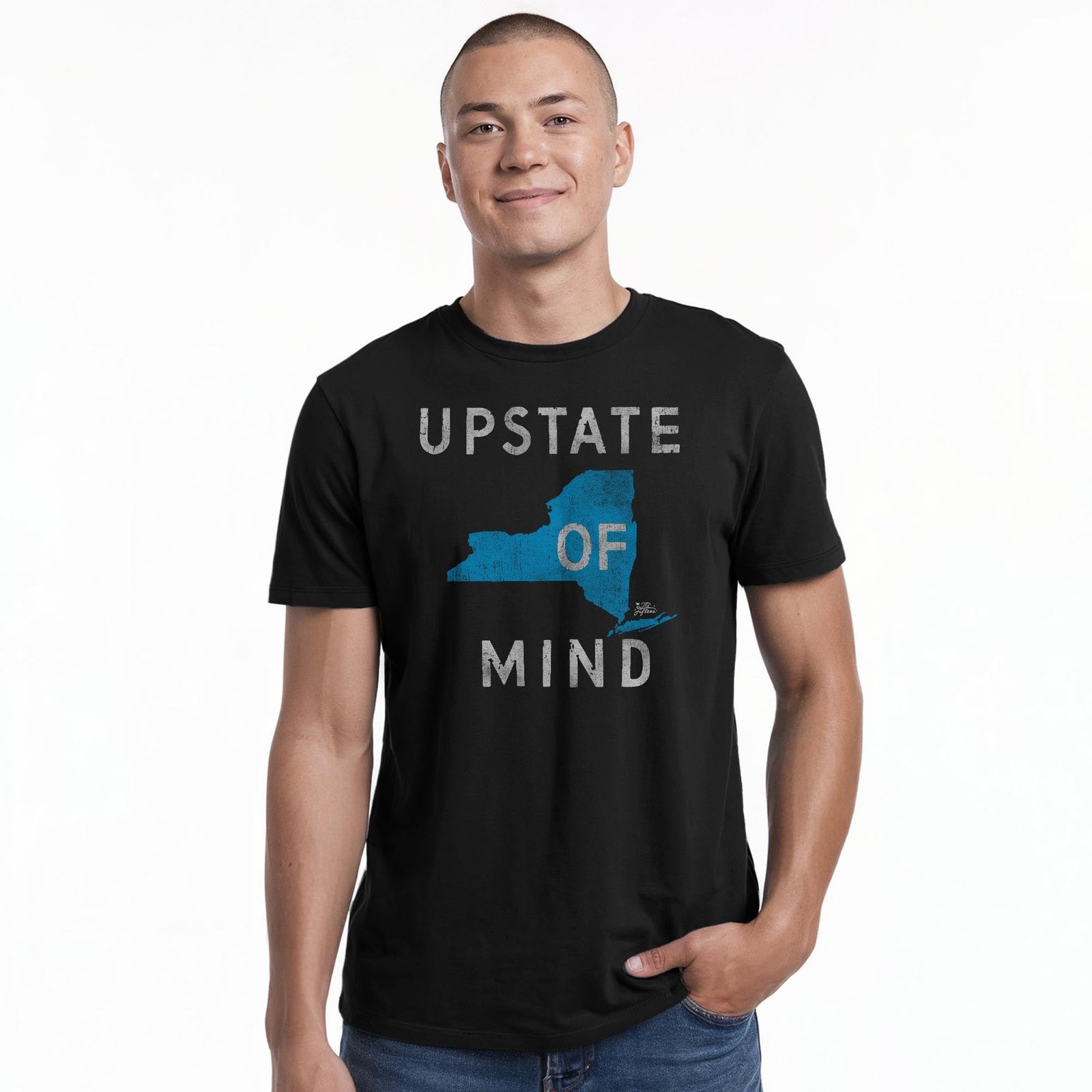 Upstate Of Mind Cool Staple T-shirt in Black On Model - Front View