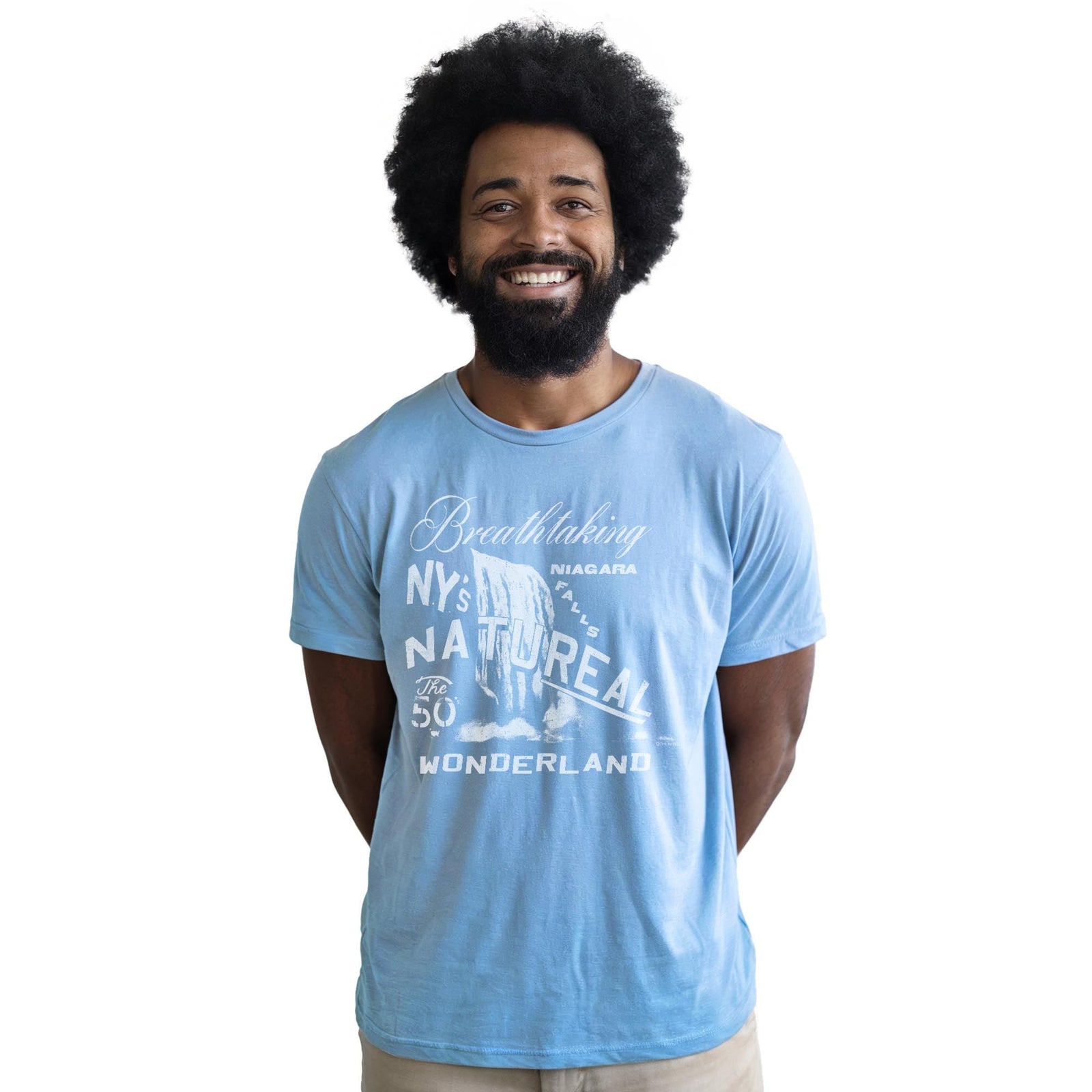 Niagara Falls Cool Staple T-shirt in Light Blue Heather On Model - Front View
