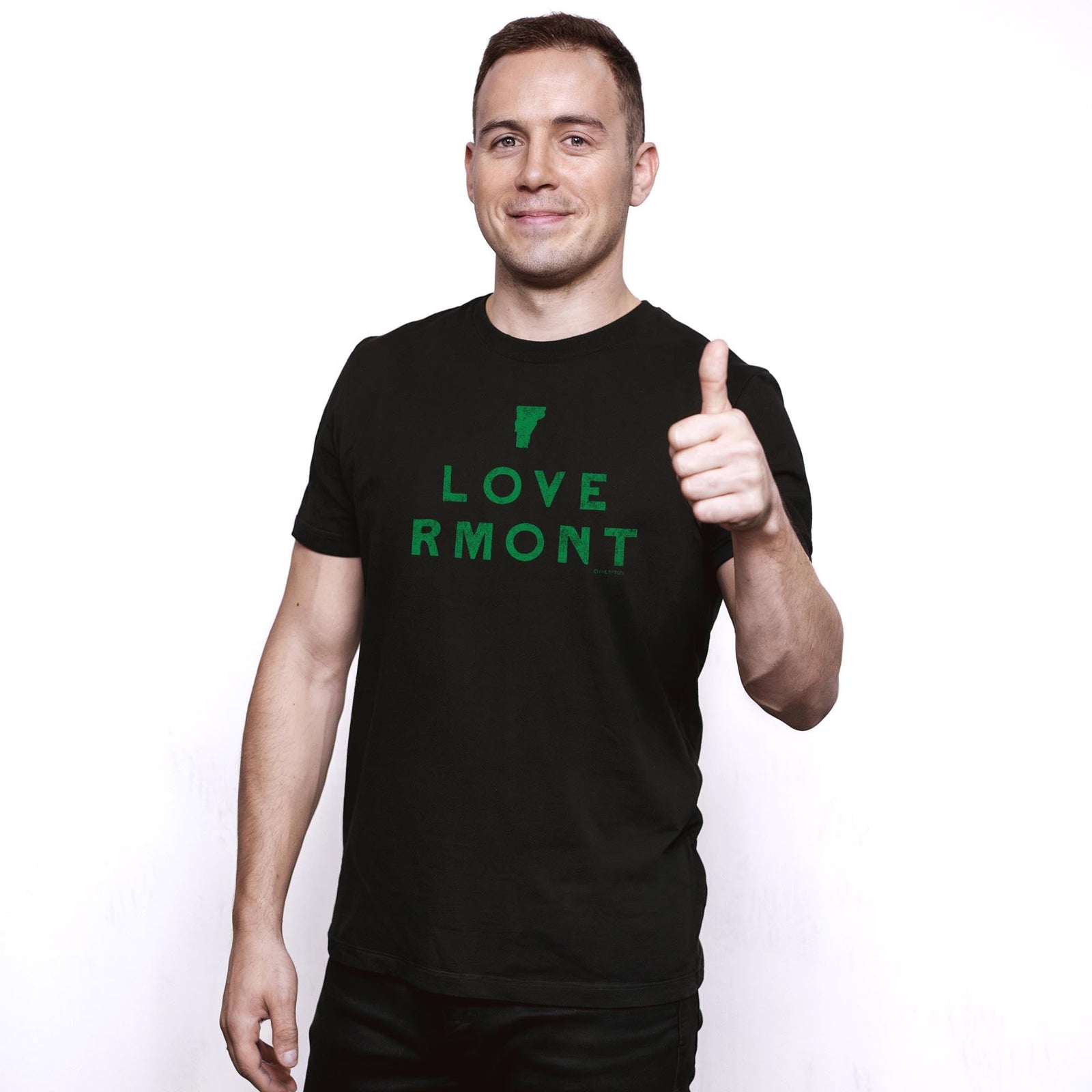 I Love Vermont Cool Staple T-shirt in Black On Model - Front View