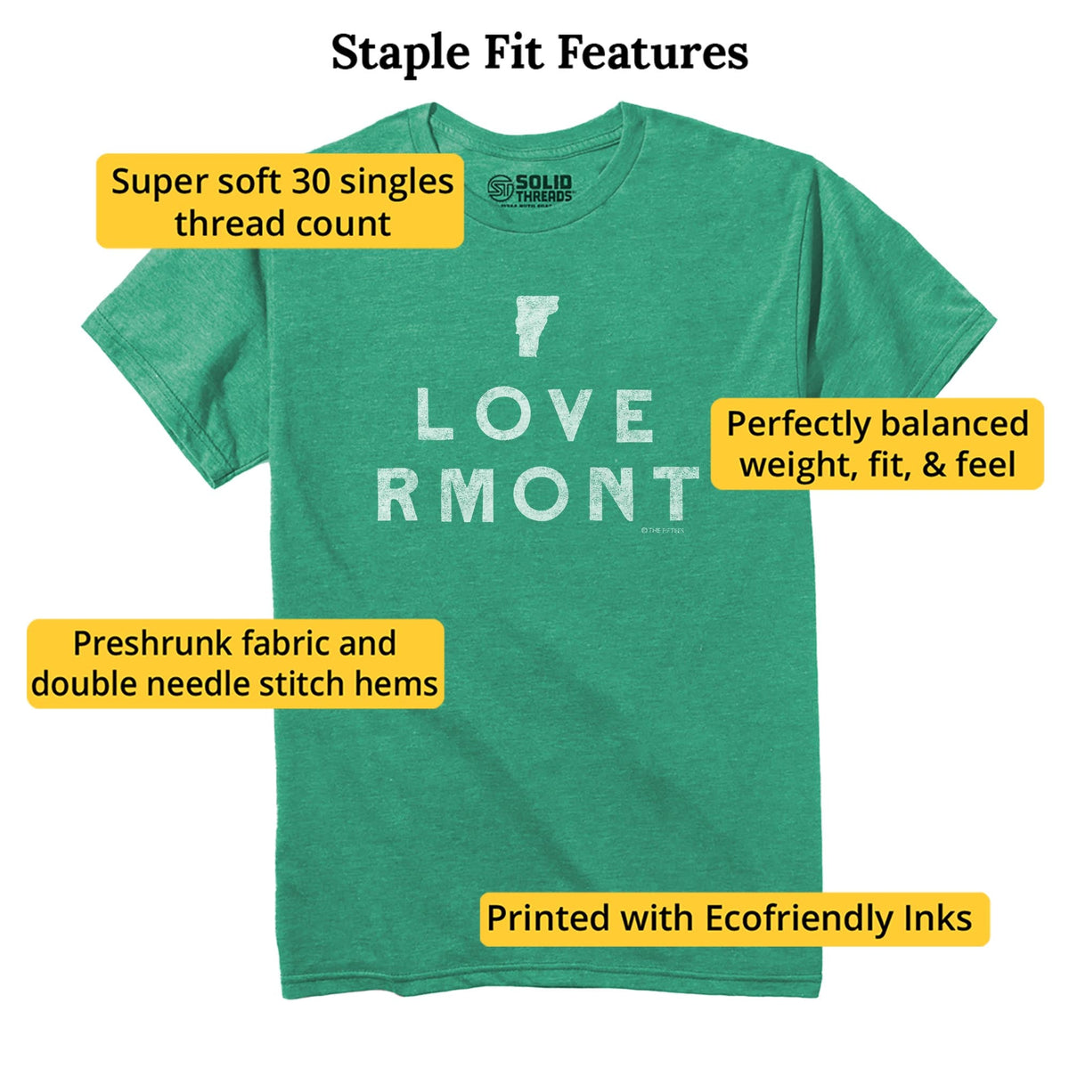 I Love Vermont Cool Staple T-shirt in Kelly Heather - Fit Attributes