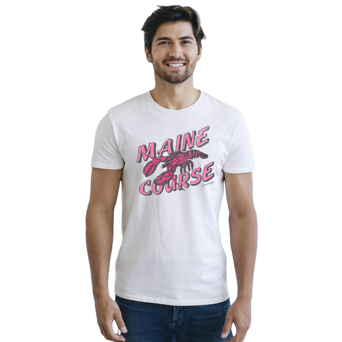 Maine Course Funny Staple T-shirt in White On Model - Front View