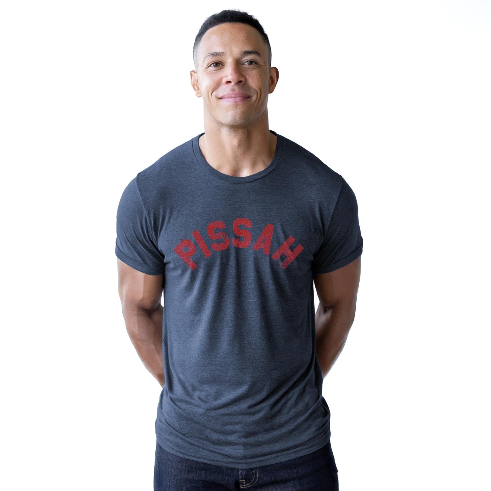 Pissah Funny Staple T-shirt in Navy Heather On Model - Front View