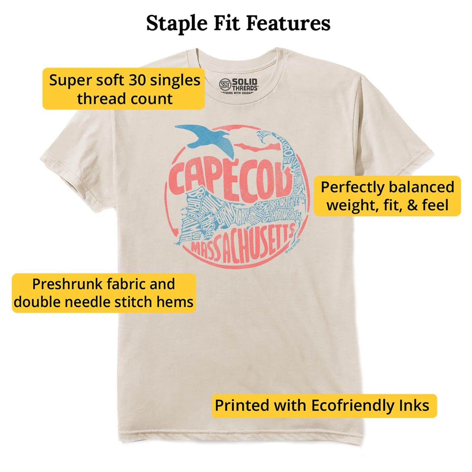Cape Cod Map Cool Staple T-shirt in Natural - Fit Attributes