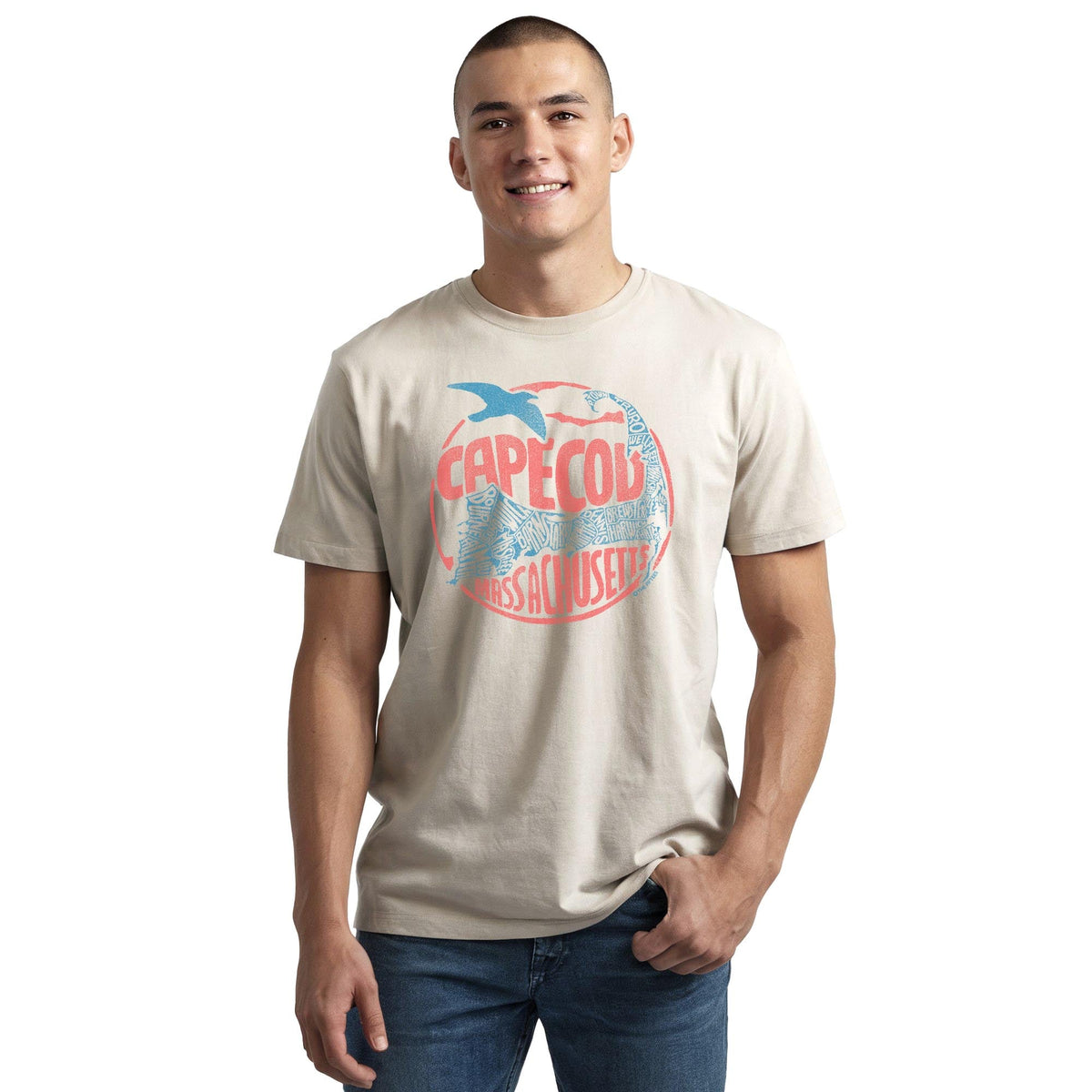 Cape Cod Map Cool Staple T-shirt in Natural On Model - Front View