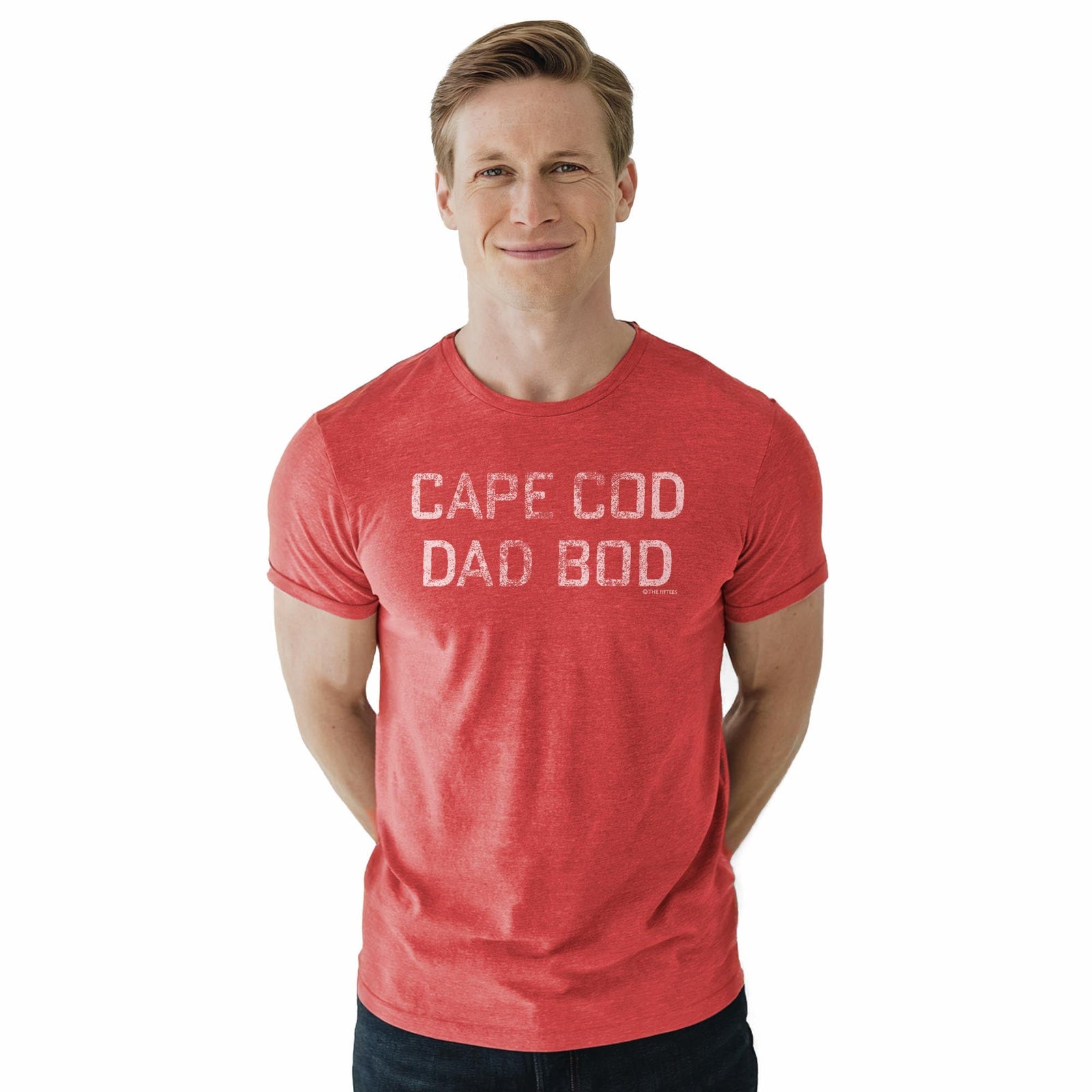 Cape Cod Dad Bod Funny Staple T-shirt in Red Heather On Model - Front View