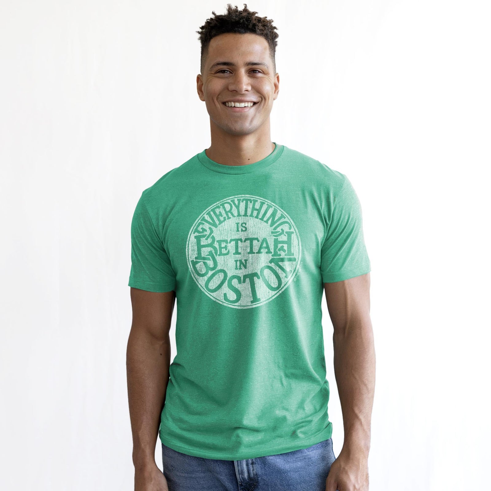 Bettah In Boston Funny Staple T-shirt in Kelly Heather On Model - Front View