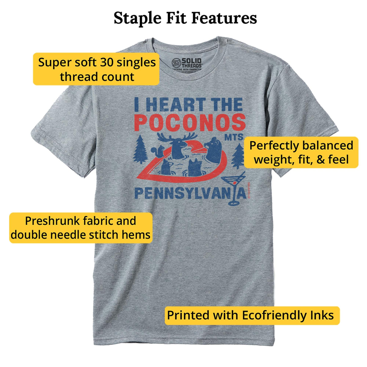 I Heart The Poconos Funny Staple T-shirt in Ash Heather - Fit Attributes