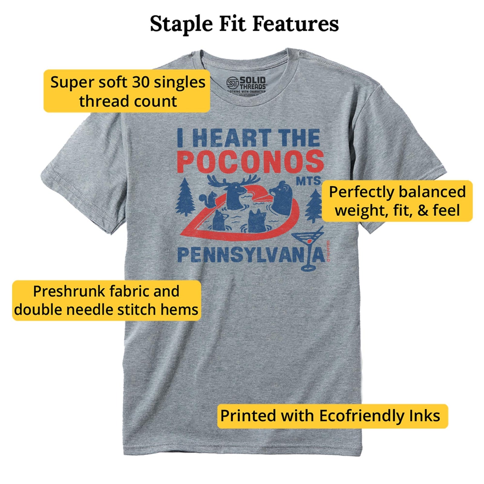 I Heart The Poconos Funny Staple T-shirt in Ash Heather - Fit Attributes