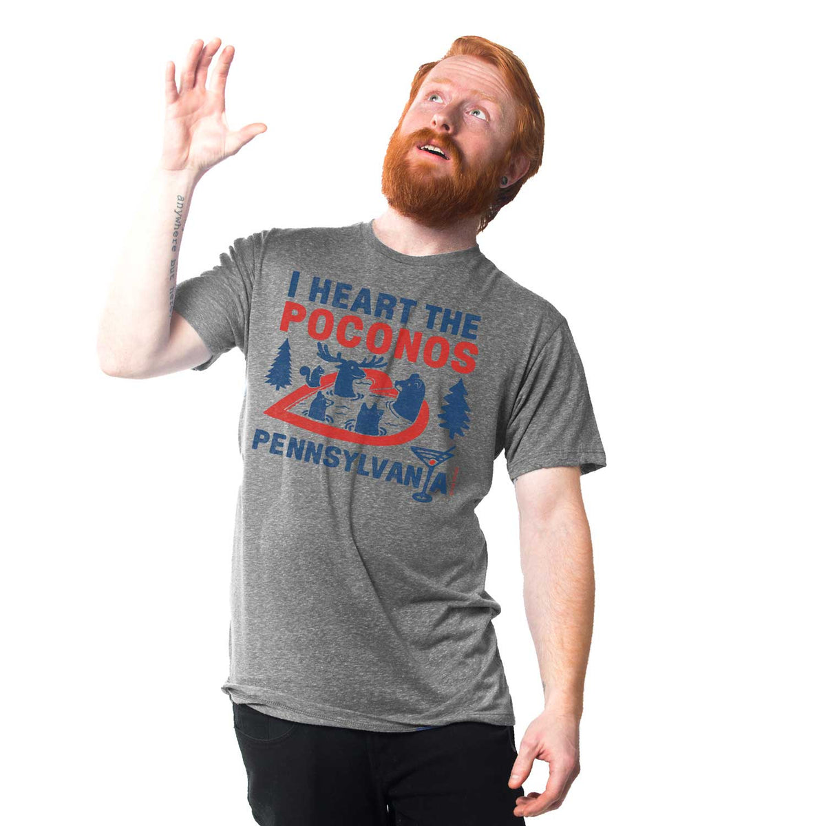 Men's I Heart The Poconos Funny Graphic T-Shirt | Vintage Pennsylvania Nature  Tee on Model | Solid Threads