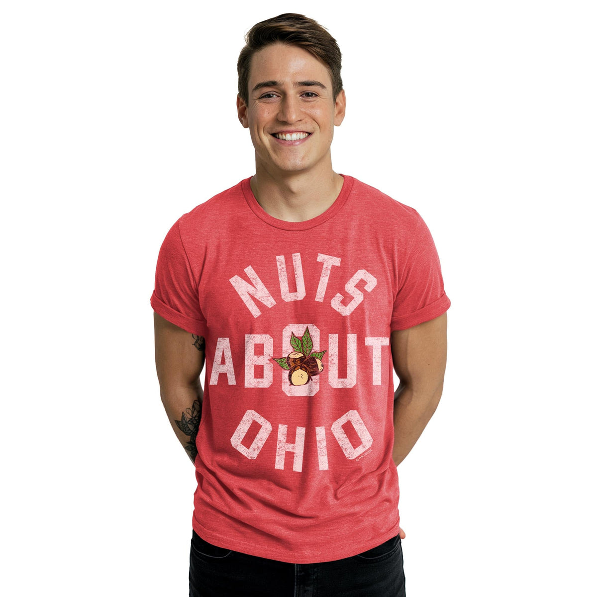 Nuts About Ohio Funny Staple T-shirt in Red Heather On Model - Front View