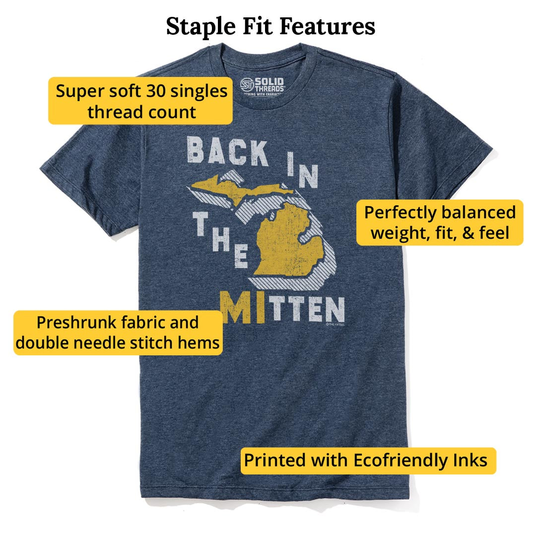 Back In The Mitten Funny Staple T-shirt in Navy Heather - Fit Attributes