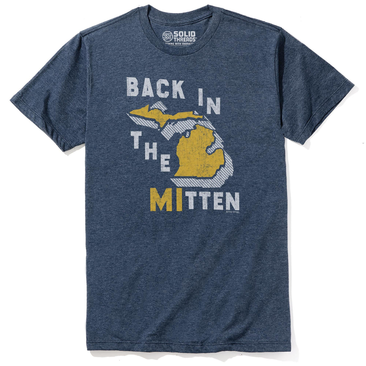Back In The Mitten Funny Staple T-shirt in Navy Heather - Front View