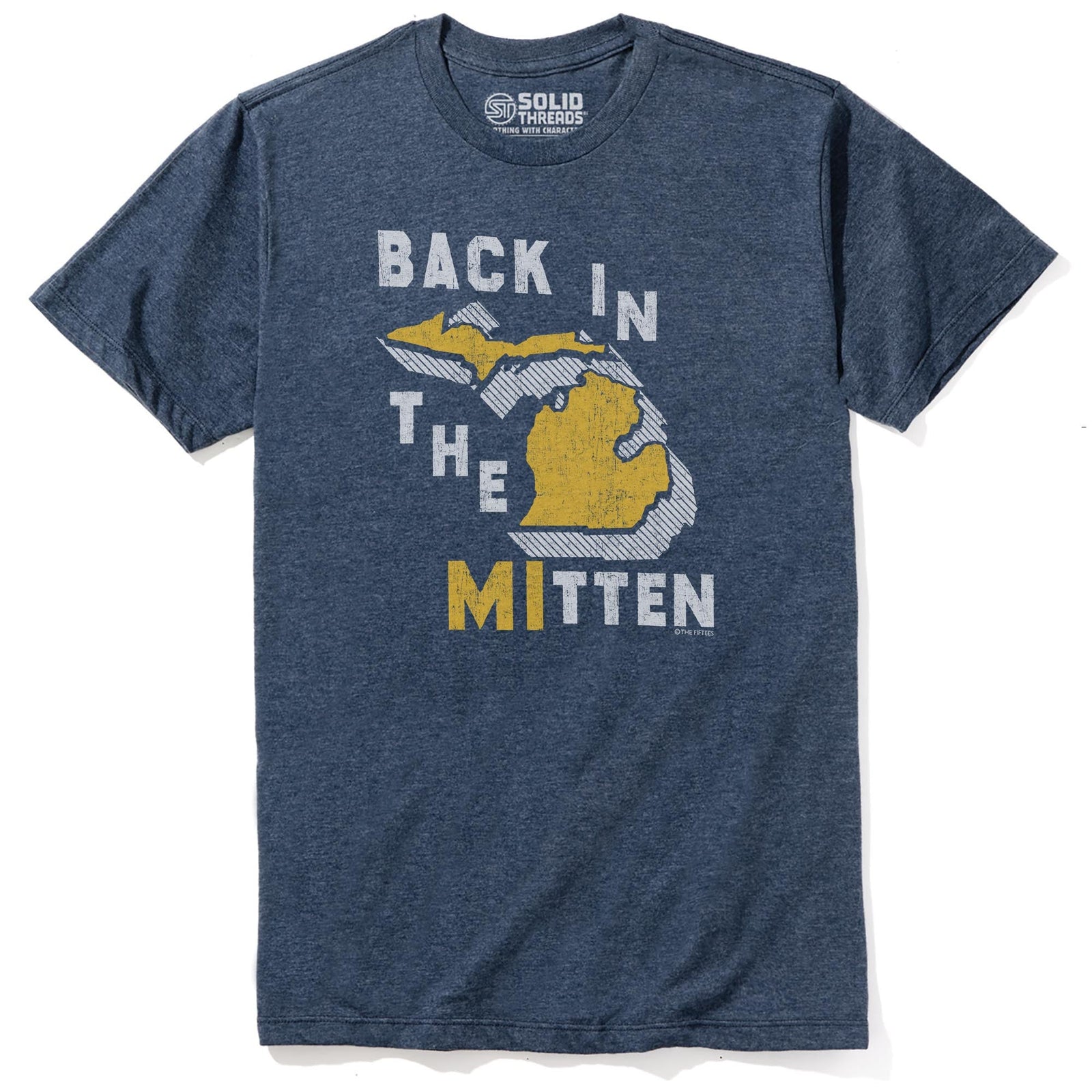 Back In The Mitten Funny Staple T-shirt in Navy Heather - Front View
