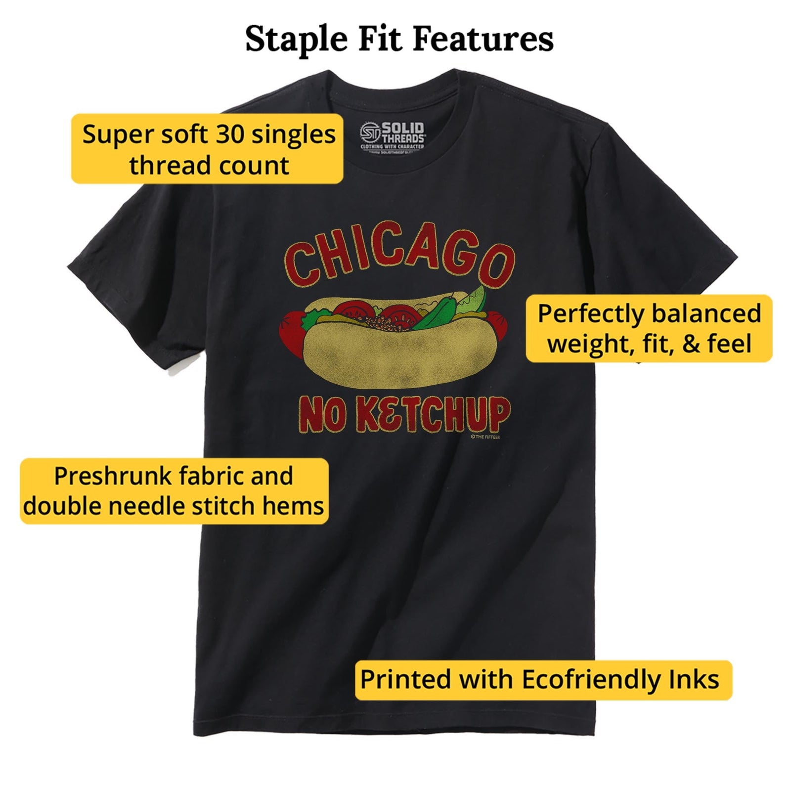 Chicago No Ketchup Funny Staple T-shirt in Black - Fit Attributes